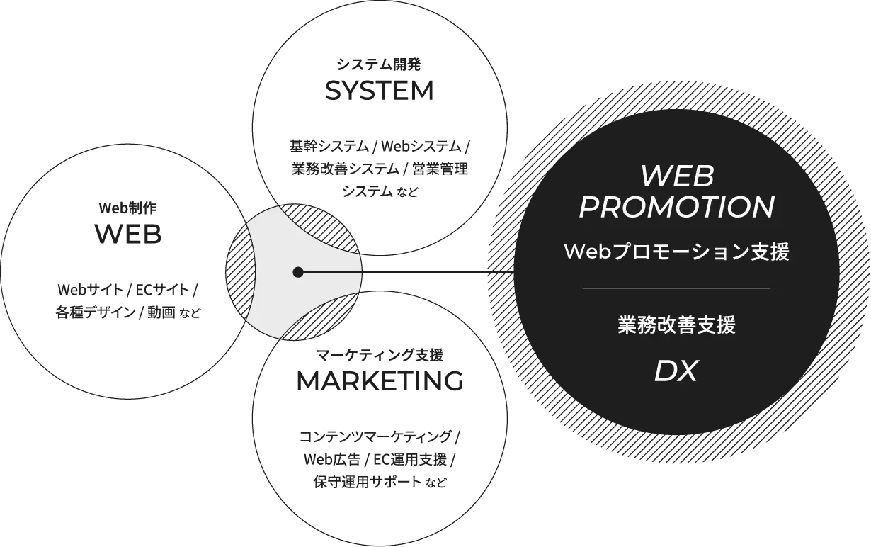 Web制作、システム開発、マーケティング支援を表す3つの項目があり、これらの円の中央に重なる形で配置された別の円から、Webプロモーション支援を象徴する地点へと直線が伸びている構造を示した図